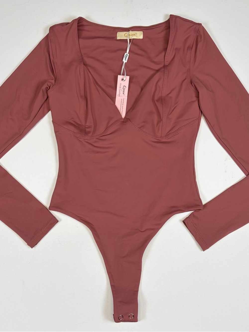 NWT QINSEN DUSTY ROSE LONG SLEEVE THONG BODYSUIT WOMEN SIZE S